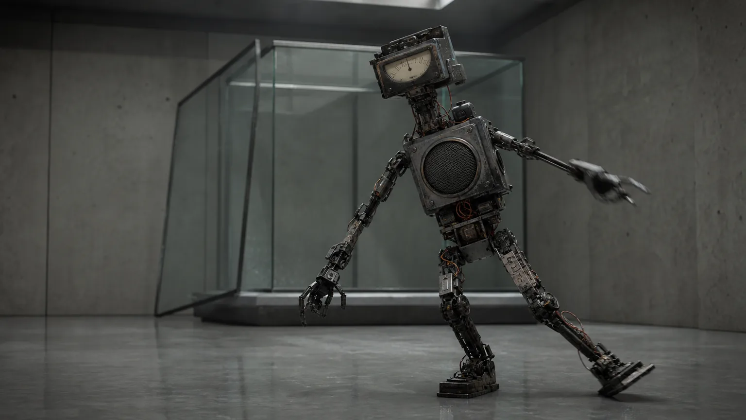 ケース外へ出た小型ロボットが、磨かれた床の上で体勢を崩している