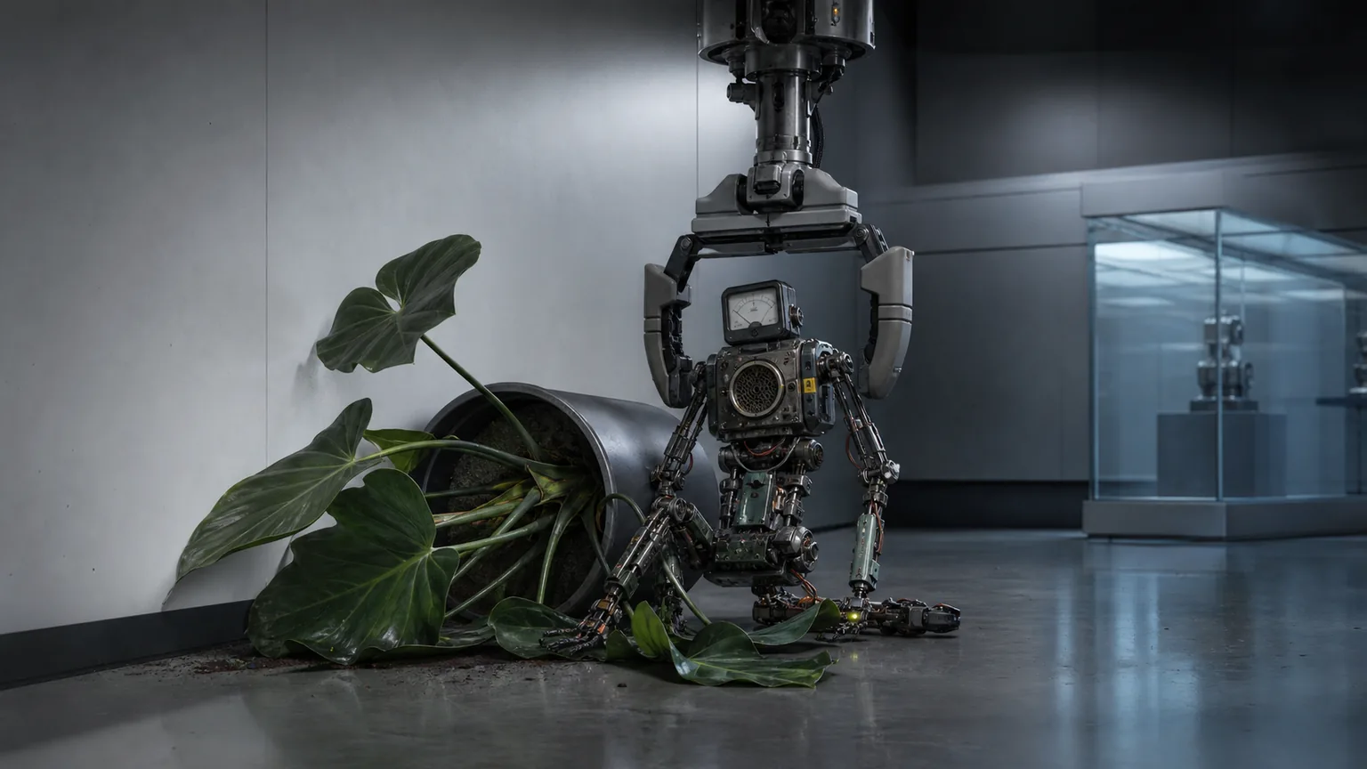 倒れた鉢植えの横で、小型ロボットが天井の遠隔アームに回収されている