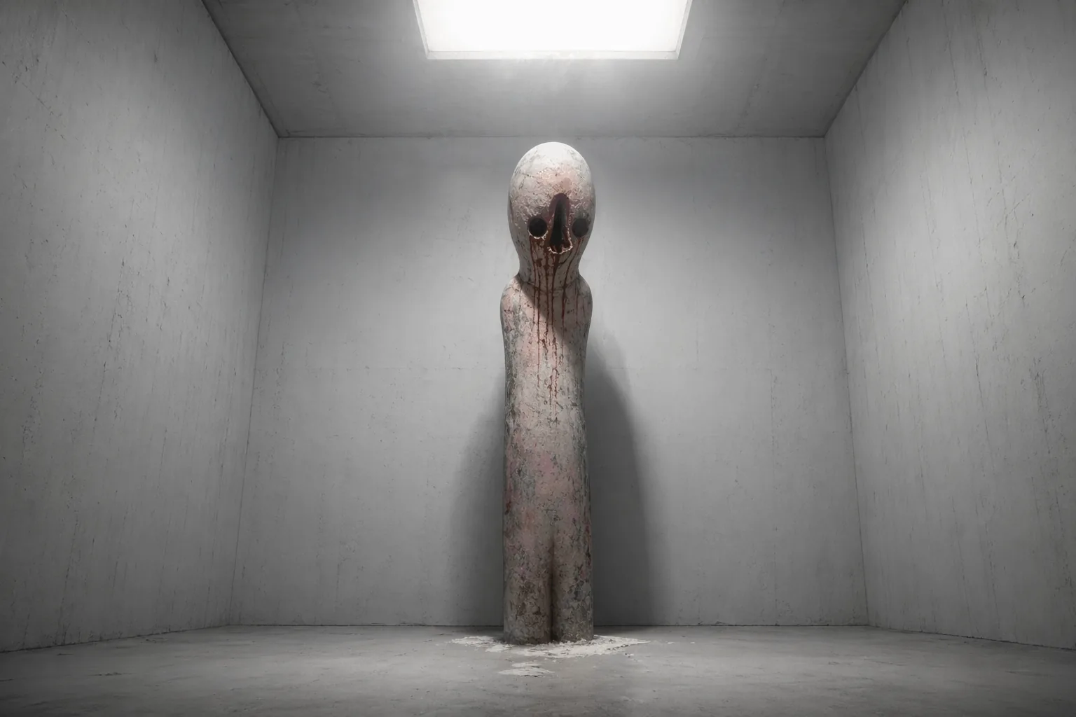 白い収容室の中央に立つ灰色の彫像 SCP-173