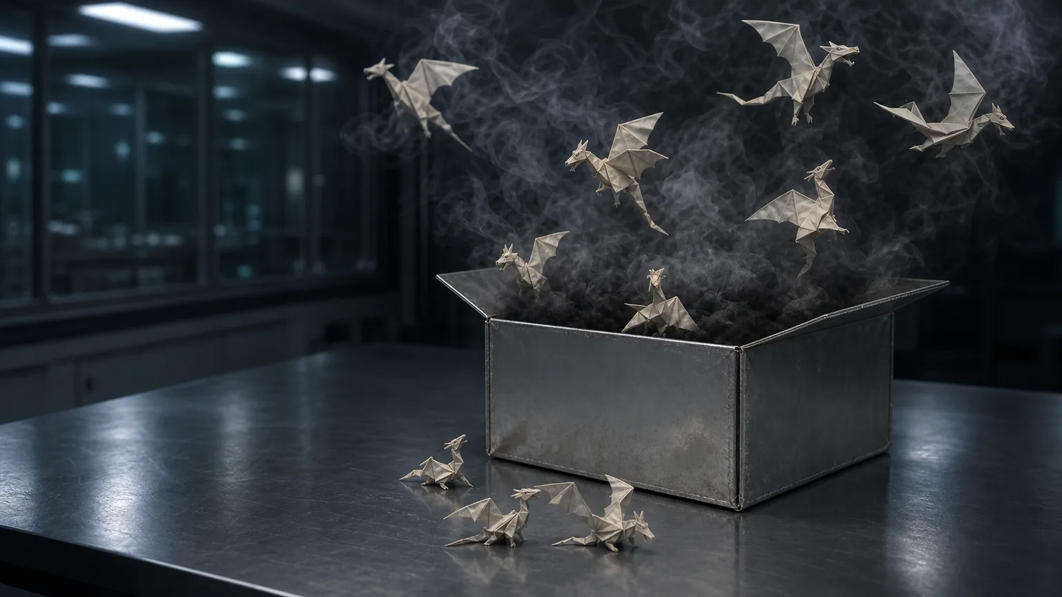 手袋をした手の前で、黒い煙の周囲に小さな紙の竜の影が浮かんでいる