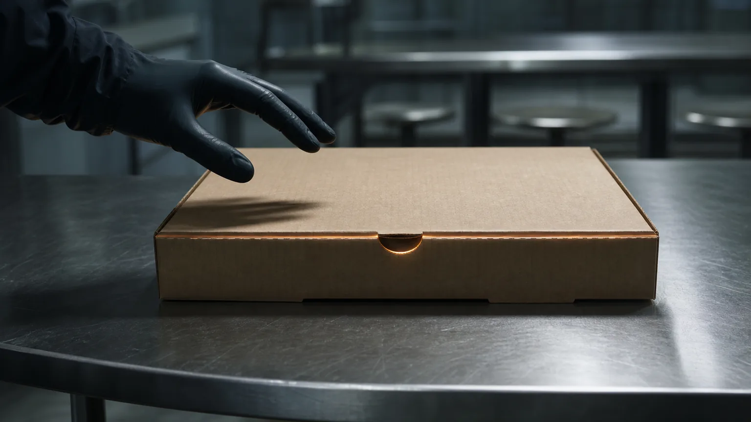 職員食堂のテーブルで、白い手袋の手が何も書かれていない紙箱へ近づく