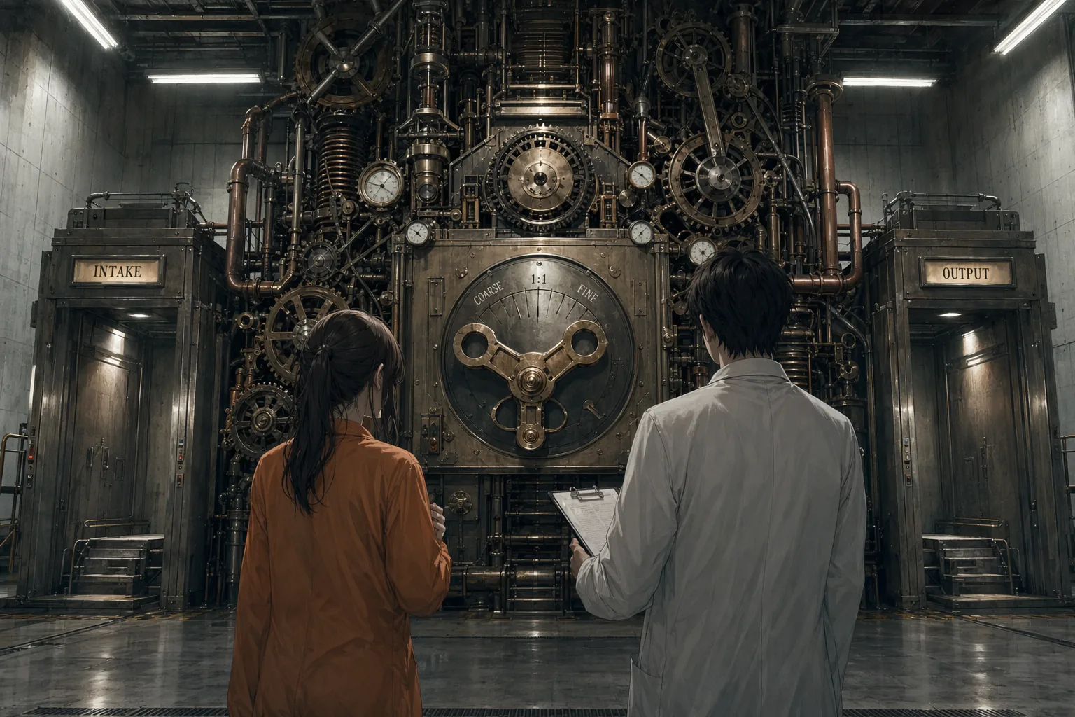 SCP-914の巨大なぜんまい式機械を前に立つDクラス職員と上司