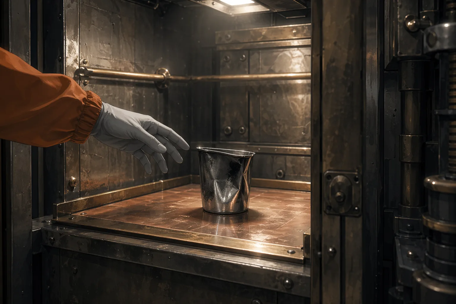 SCP-914のIntakeブースに置かれたへこんだ金属カップ