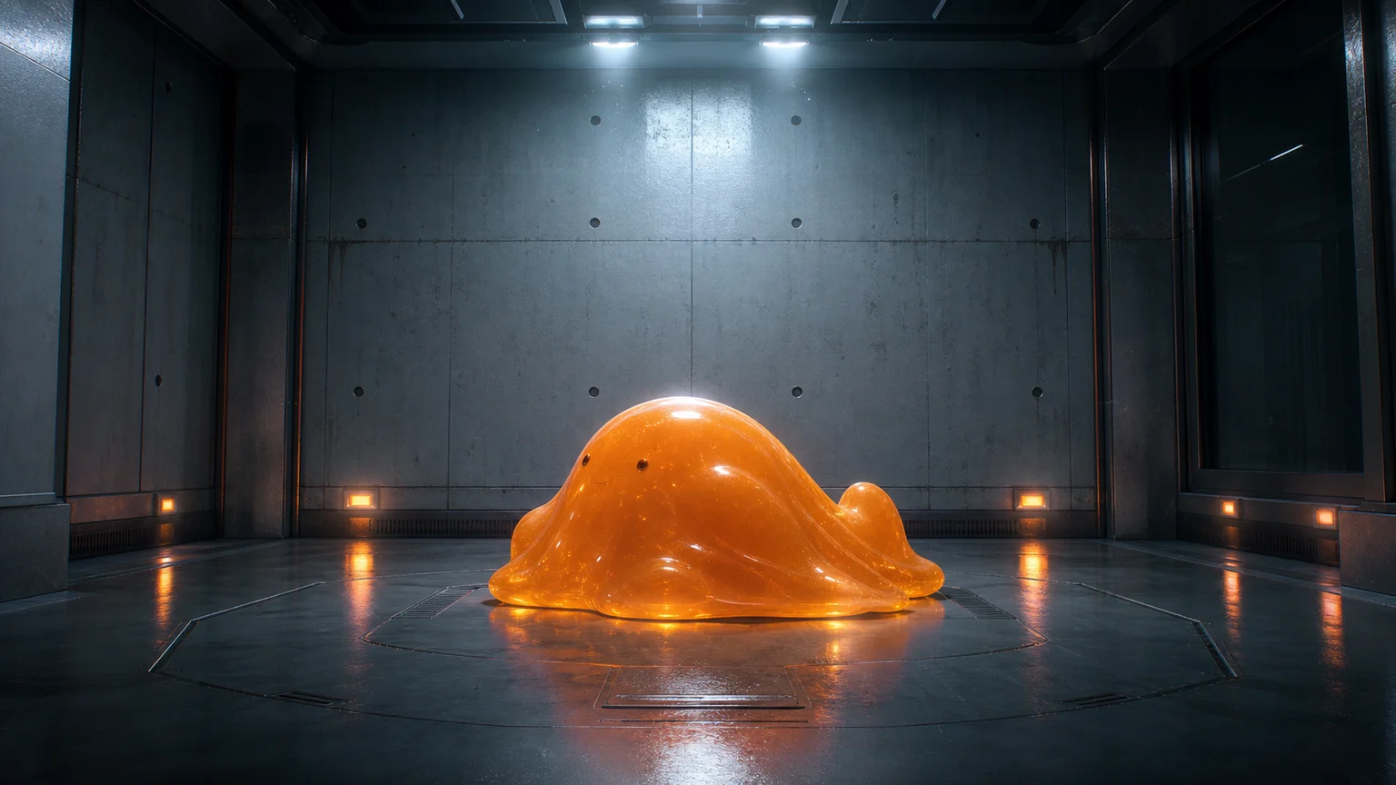 収容室の床にいるオレンジ色のSCP-999へ、手袋を外した手が近づく