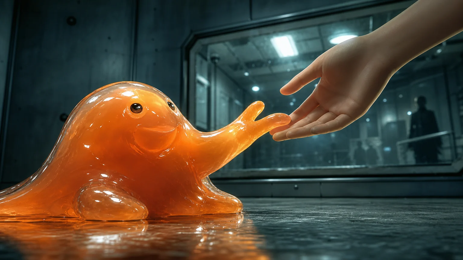 ガラス越しにSCP-999を観察する上司の影
